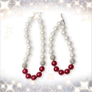 Mommy & Me Bubblegum Chunky Christmas Necklace 2 piece GIFT SET - Red & White